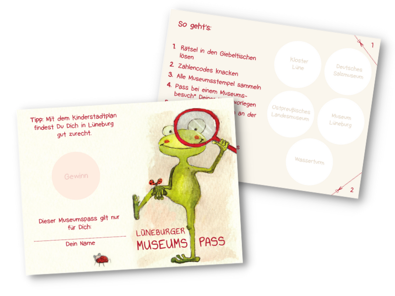 Eine Stempelkarte (Museumspass), auf der ein grüner Frosch mit einer roten Lupe zu sehen ist.